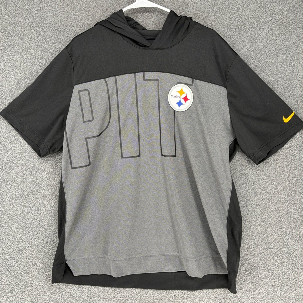 Nike Pittsburgh Steelers Short Sleeve Hoodie Mens XL Black Grey Dri-FIT NFL Tee